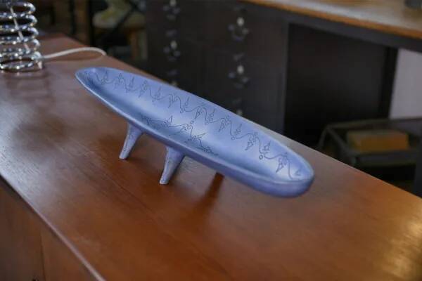 Long blue ceramic signed Atelier Mornac 1950s