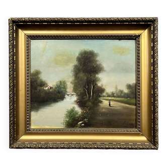 E Petit: oil on canvas animated landscape on the banks of a river signed lower right