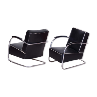 Two Black Leather Armchairs, 1930s Czechia, Made by Mucke-Melder