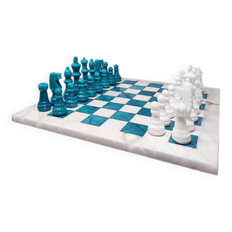 Jeu d'échecs turquoise et blanc des années 1970 en albâtre de Volterra, fait à la main