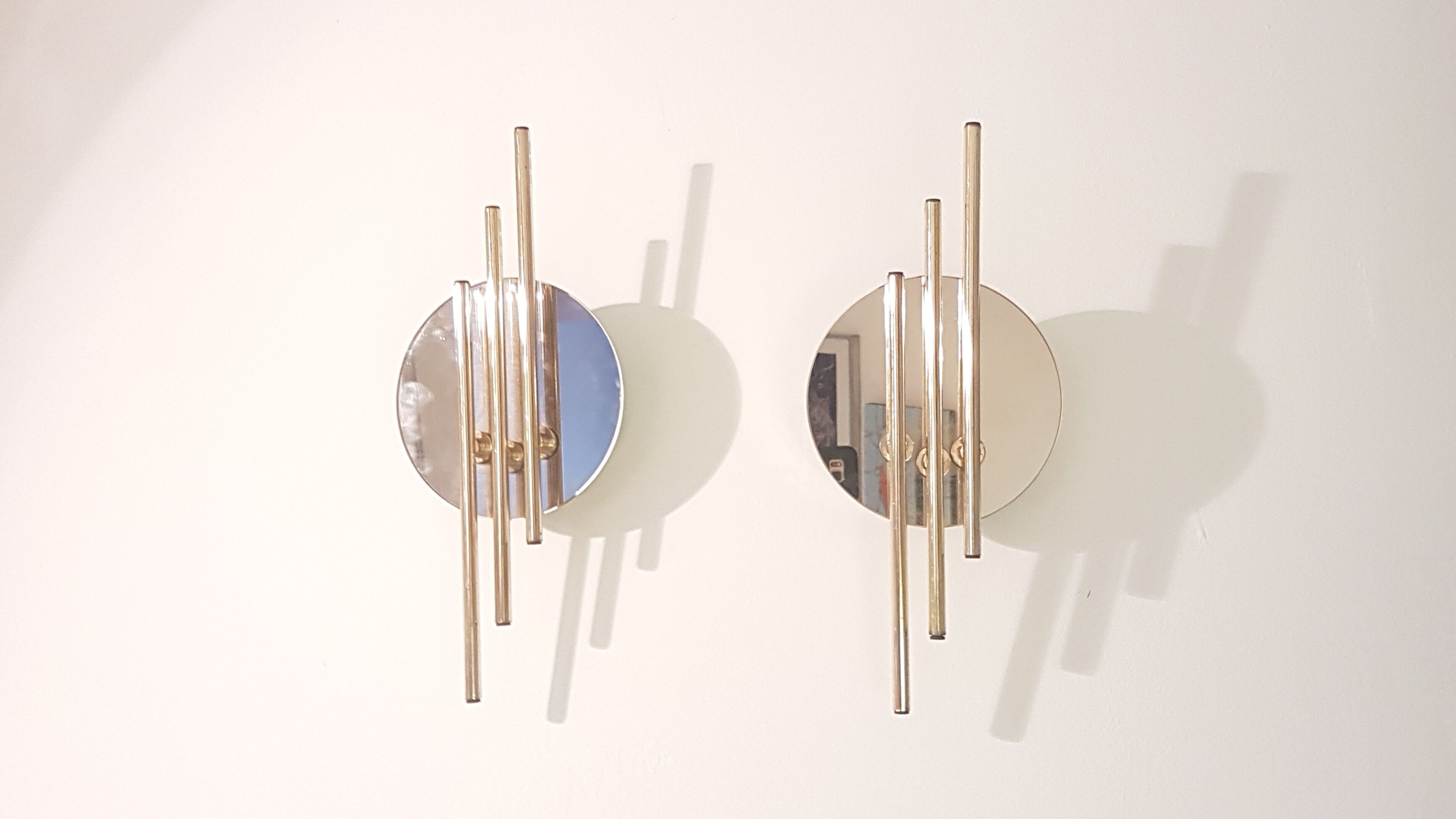 Modernist 1980s glamour mirror glass and gold wall lamps lights sconces Hollywood Regency mid centur