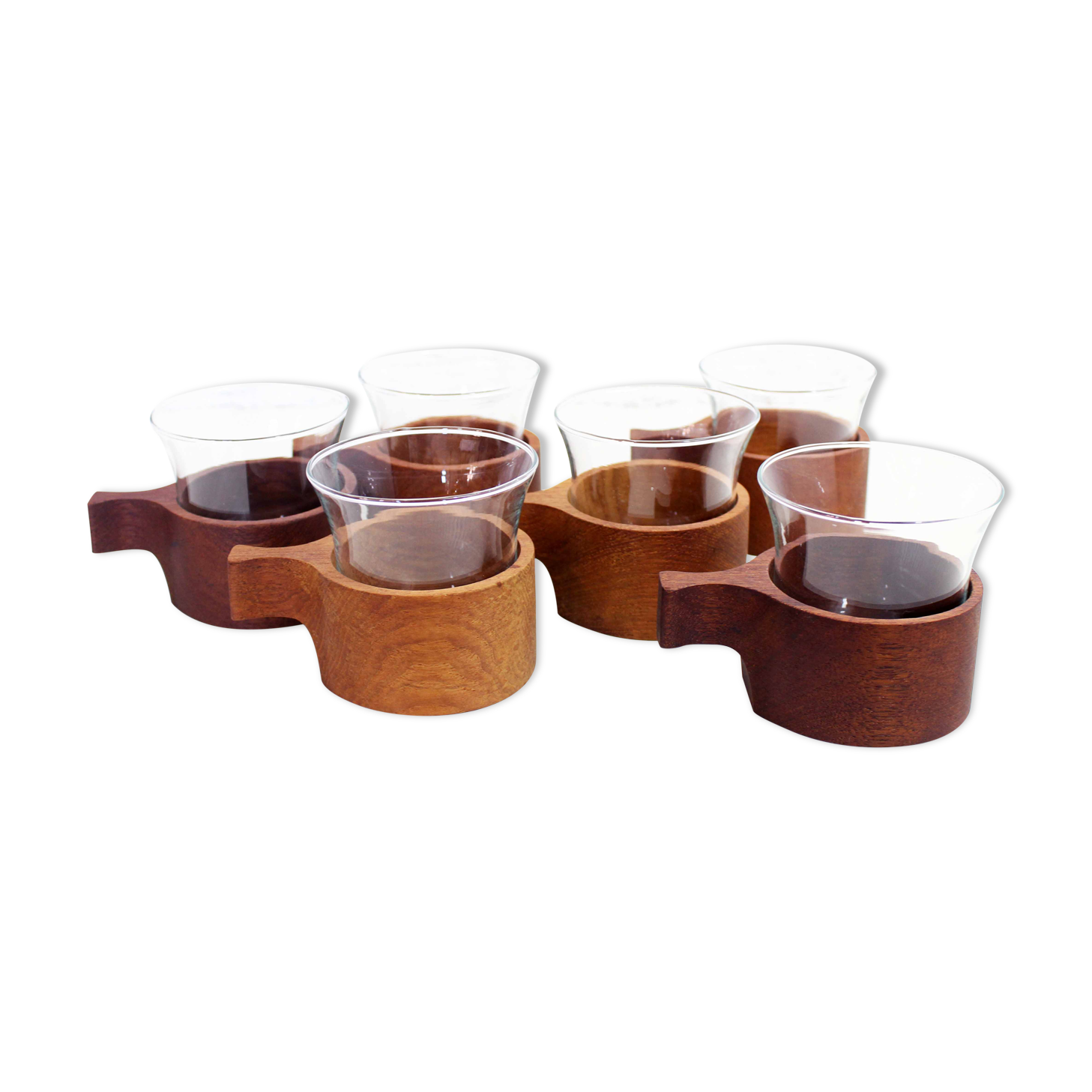 Set of 6 glasses or cups made of glass and teak