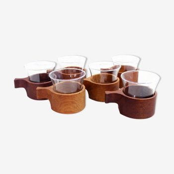 Set of 6 glasses or cups made of glass and teak