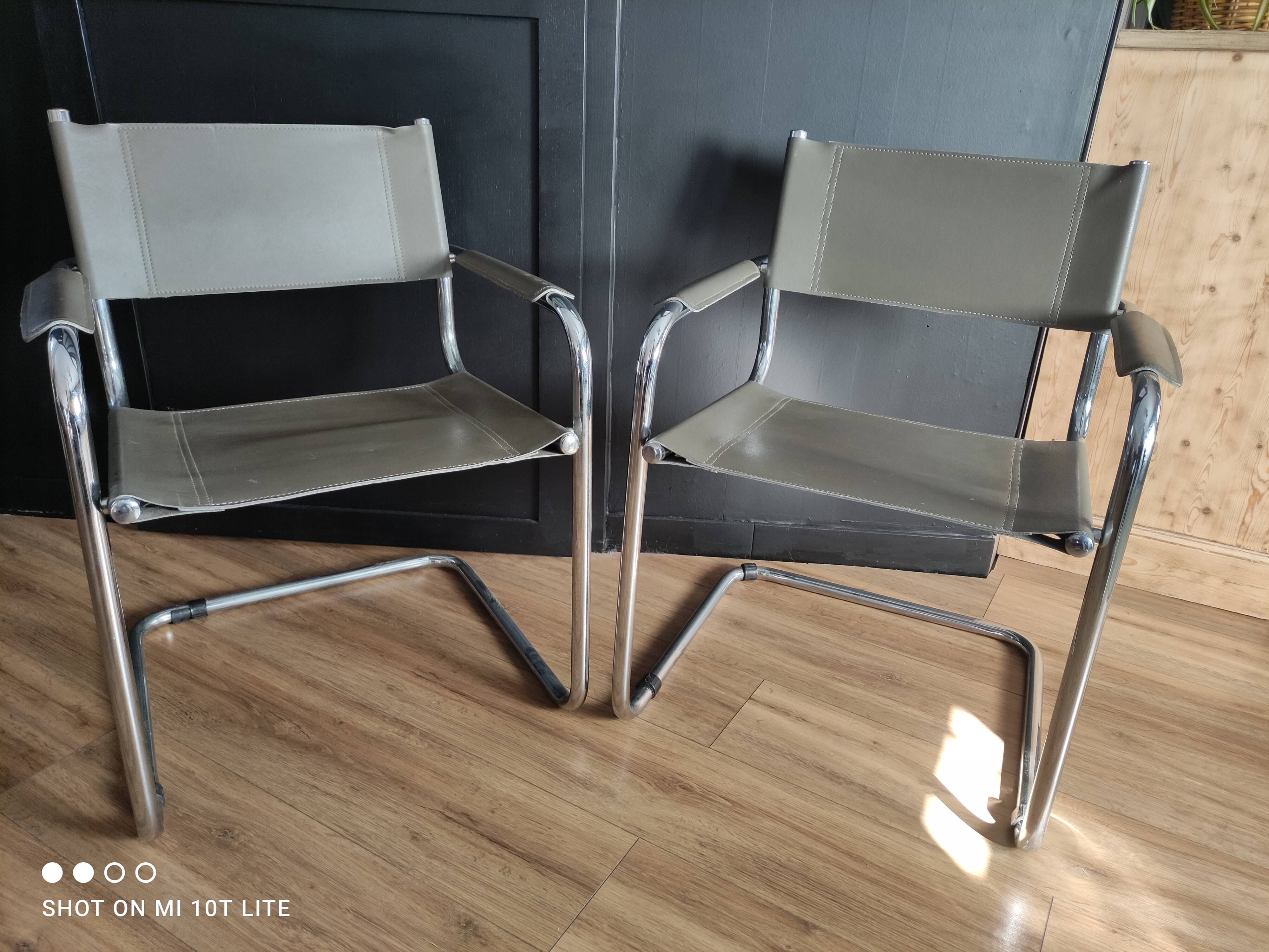 Pair of taupe Cantilever armchairs with chrome base