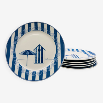 6 assiettes à dessert en porcelaine, signées palluy