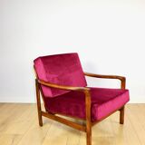Wooden vintage brown armchair, burgundy raspberry, design by Z. Bączyk - 2 pieces available