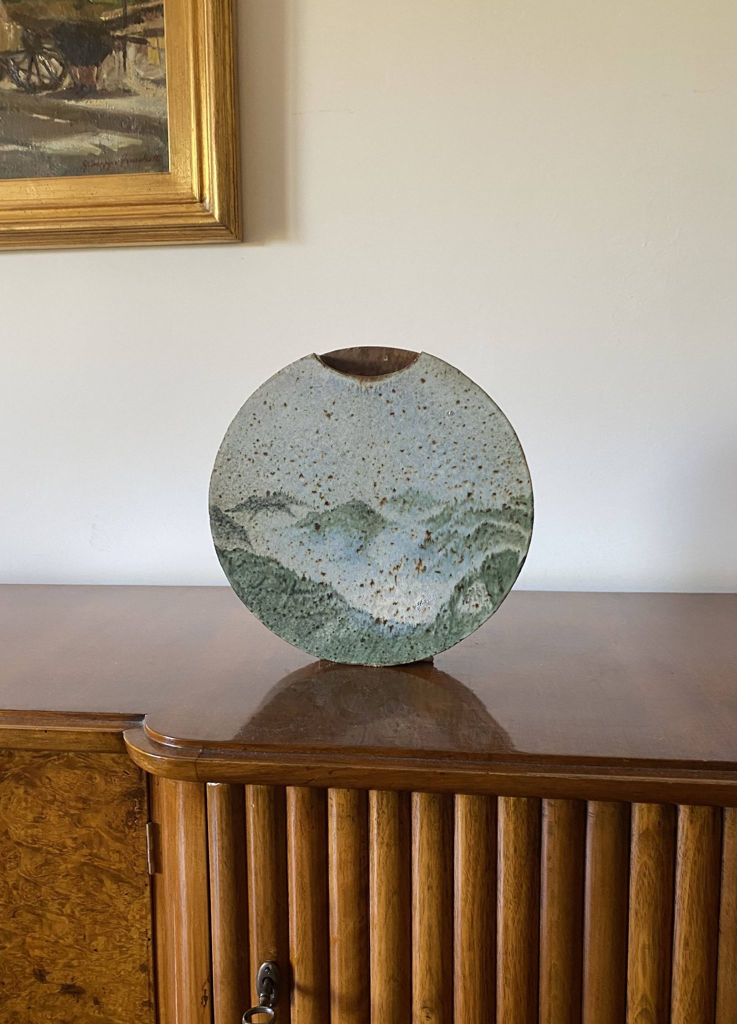 Pierre Devie, Mid-century modern green ceramic solifleur vase, France 1980