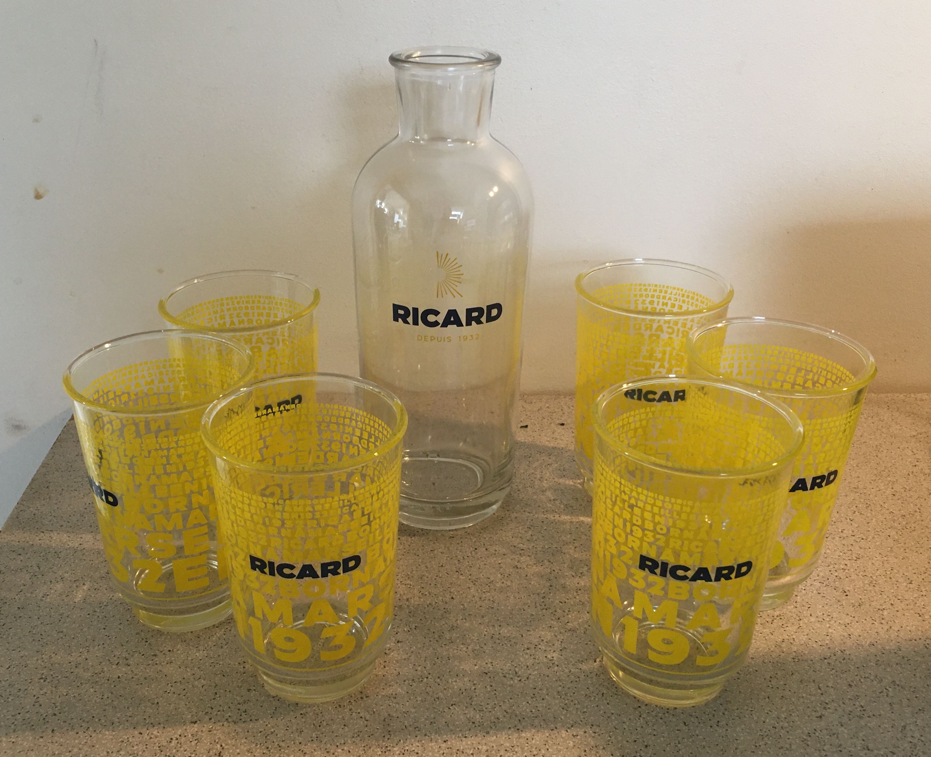 Ricard 6 glasses and carafe anniversary model "1932" signed Lehanneur