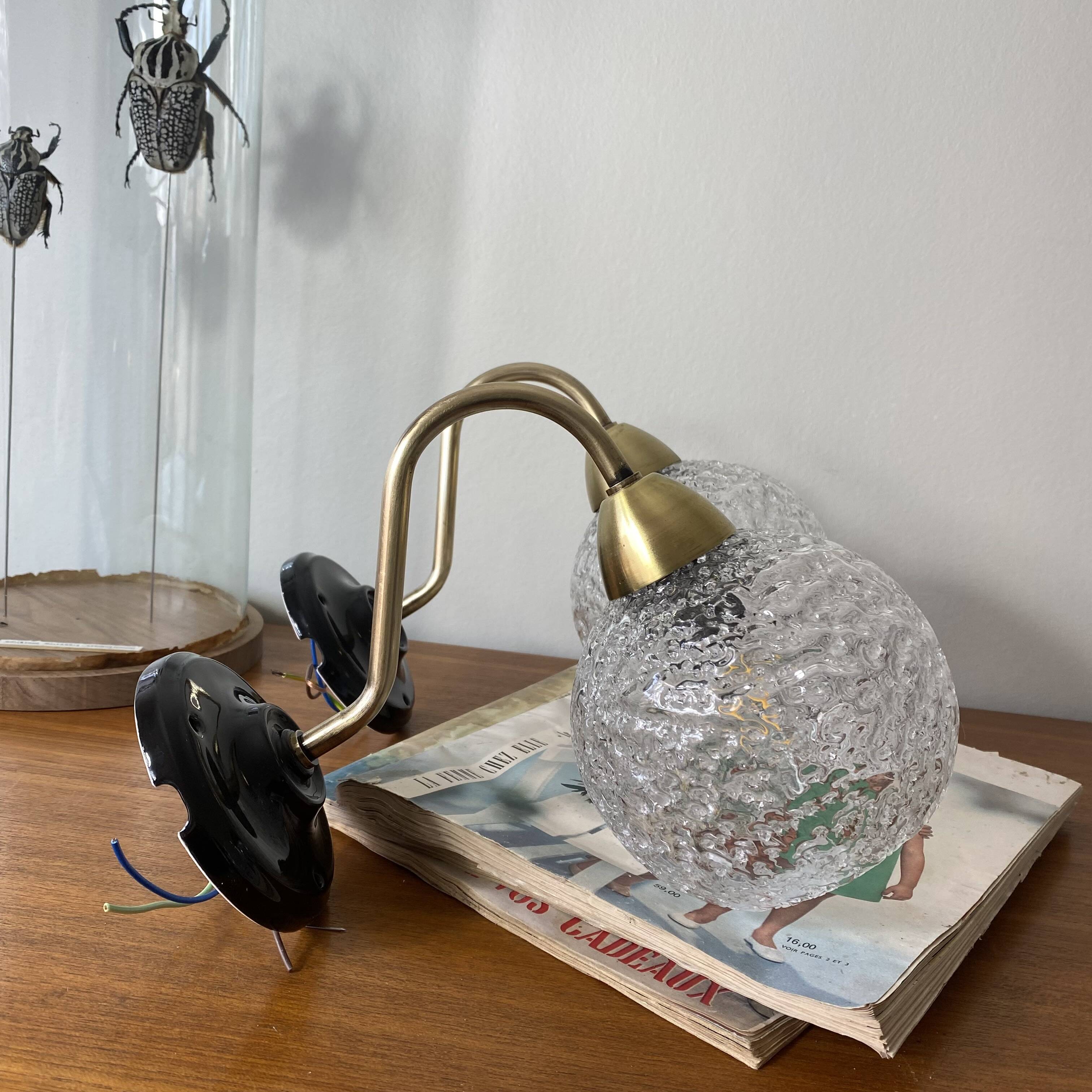 Vintage swan neck wall lights brass bubble glass porcelain