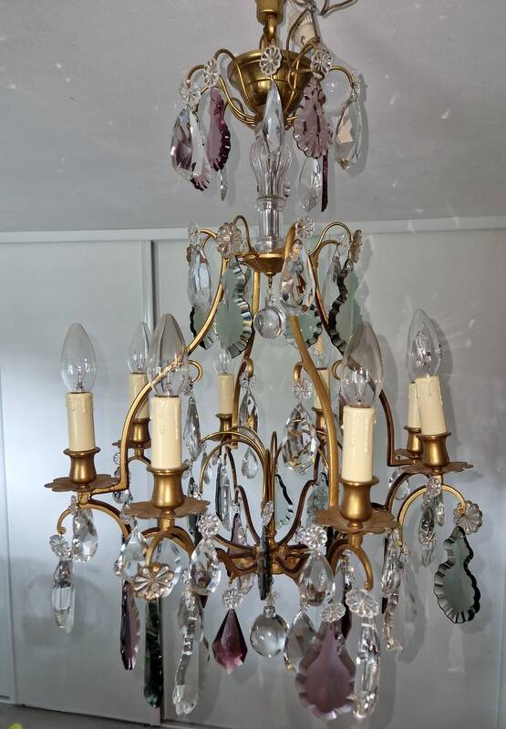 Brass cage chandelier and crystal pendants with 8 lights and 79 pendants