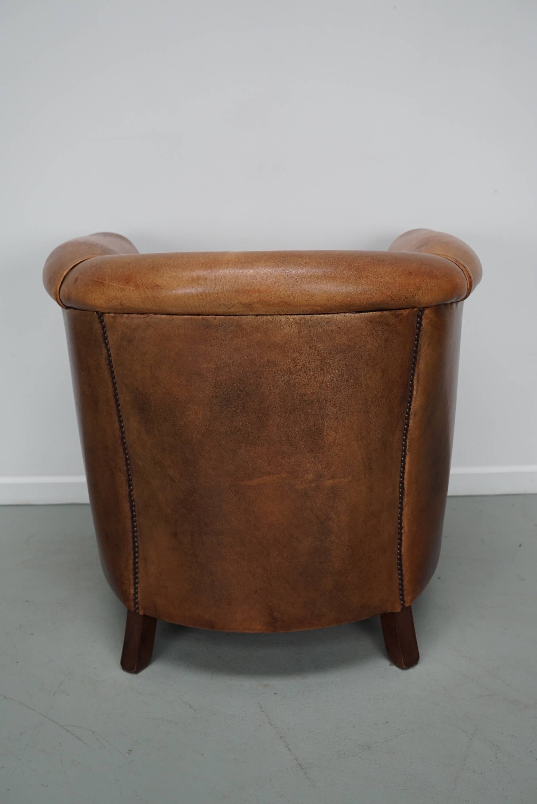 Fauteuil club vintage hollandais en cuir cognac
