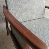 Vintage 1960s boomerang armchair in beechwood – restored and upholstered in vintage fabric