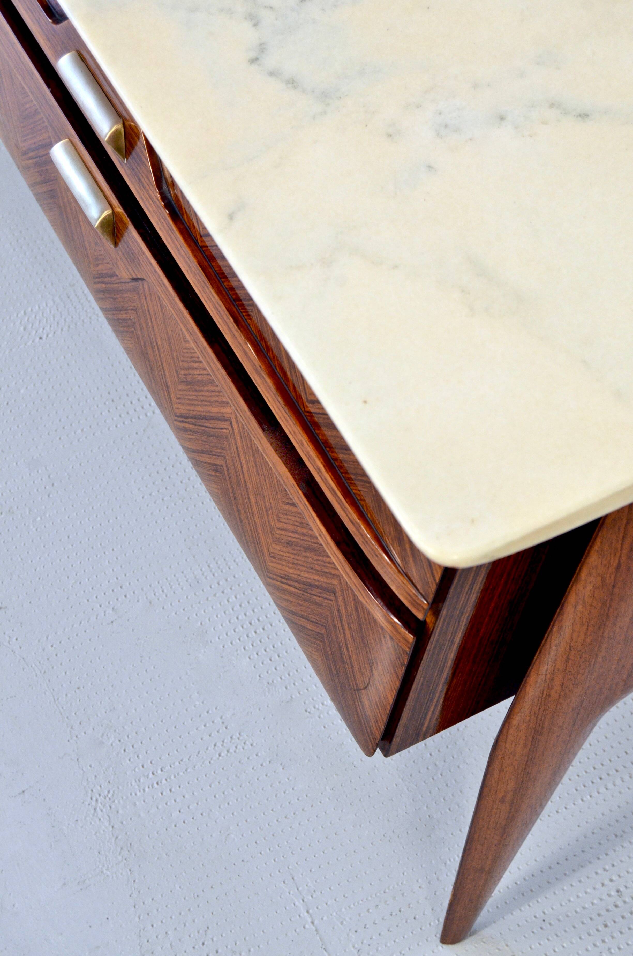 Italian Midcentury Sideboard in Rosewood, Carrara Marble and Brass