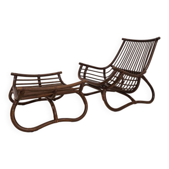 Manou rattan lounge chair in pagoda style with ottoman