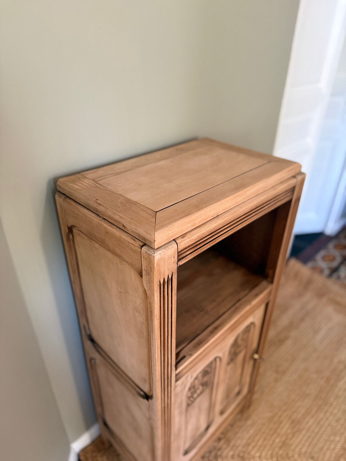 Small Art Deco jam cabinet in carved blonde oak