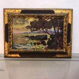 Two paintings, landscape and fishing