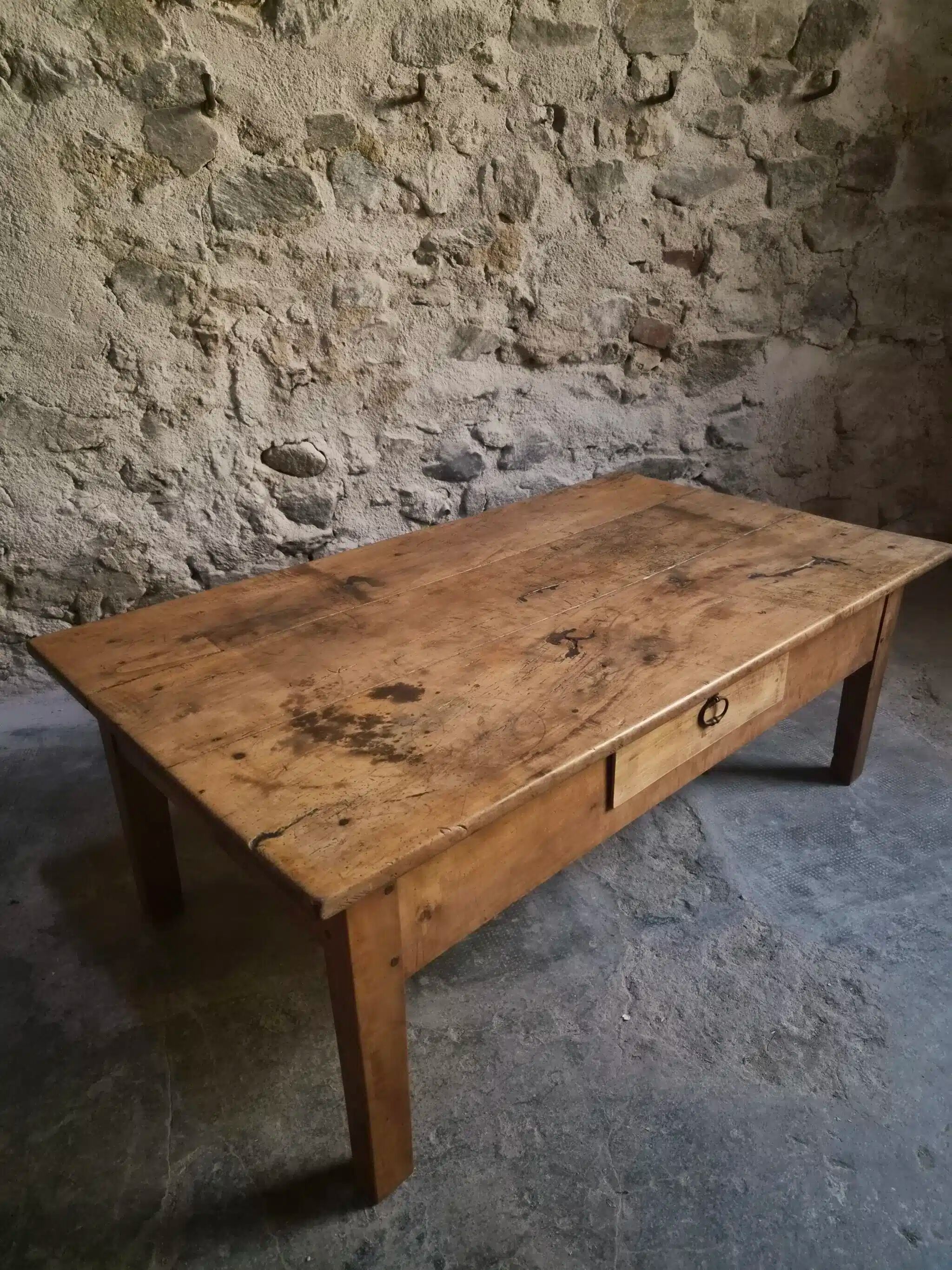 Antique cherry coffee table, rustic farmhouse table with drawer, circa 1750–1800.
