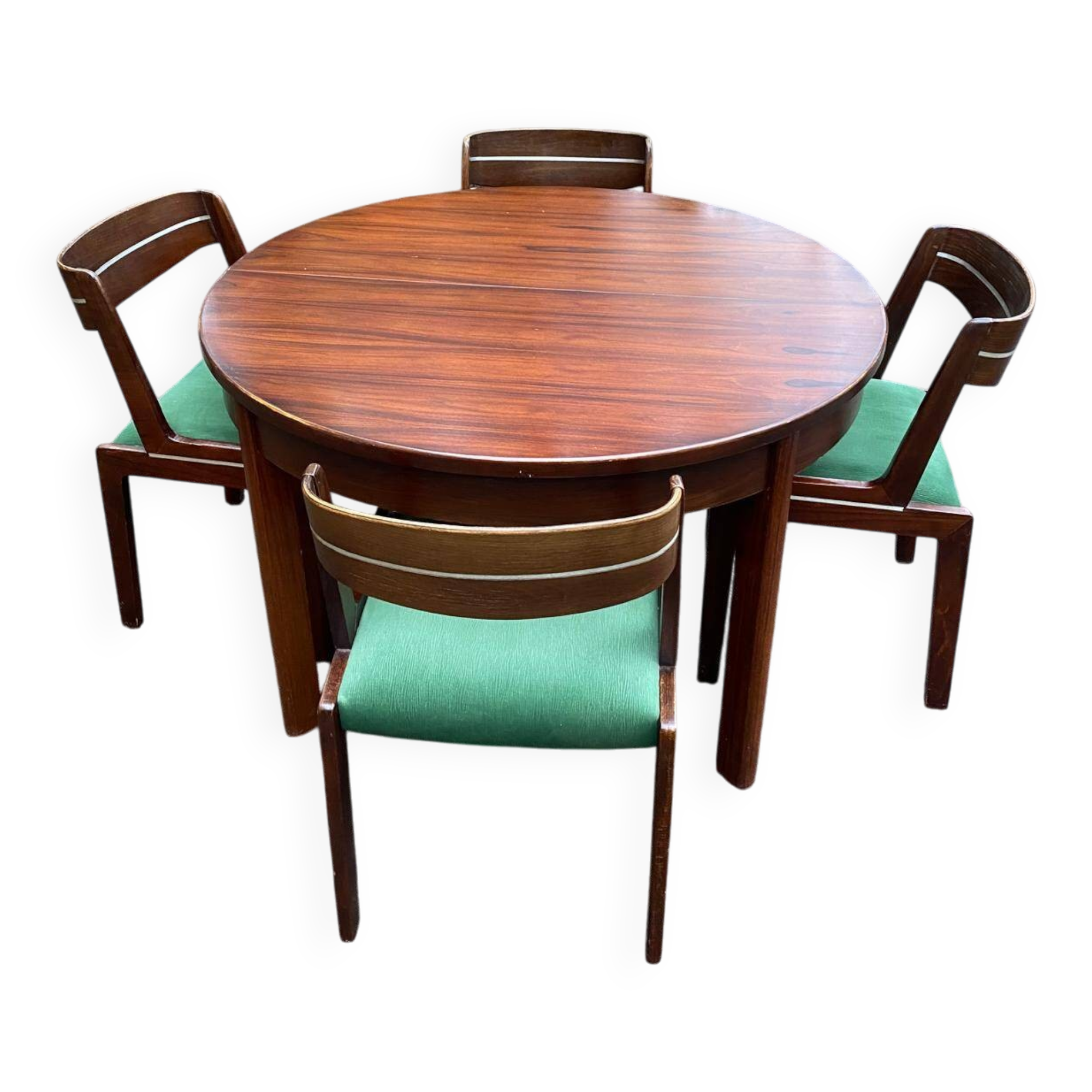 Scandinavian dining table and 4 Hans Olsen style chairs in teak and velvet.