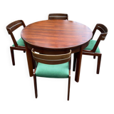 Scandinavian dining table and 4 Hans Olsen style chairs in teak and velvet.