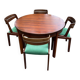 Scandinavian dining table and 4 Hans Olsen style chairs in teak and velvet.