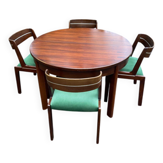 Scandinavian dining table and 4 Hans Olsen style chairs in teak and velvet.