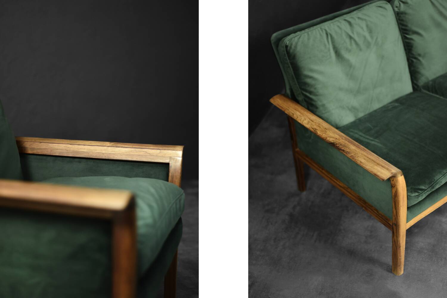 Vintage Mid-Century Modern Rosewood & Green Velour 3-Seater Sofa and Chair