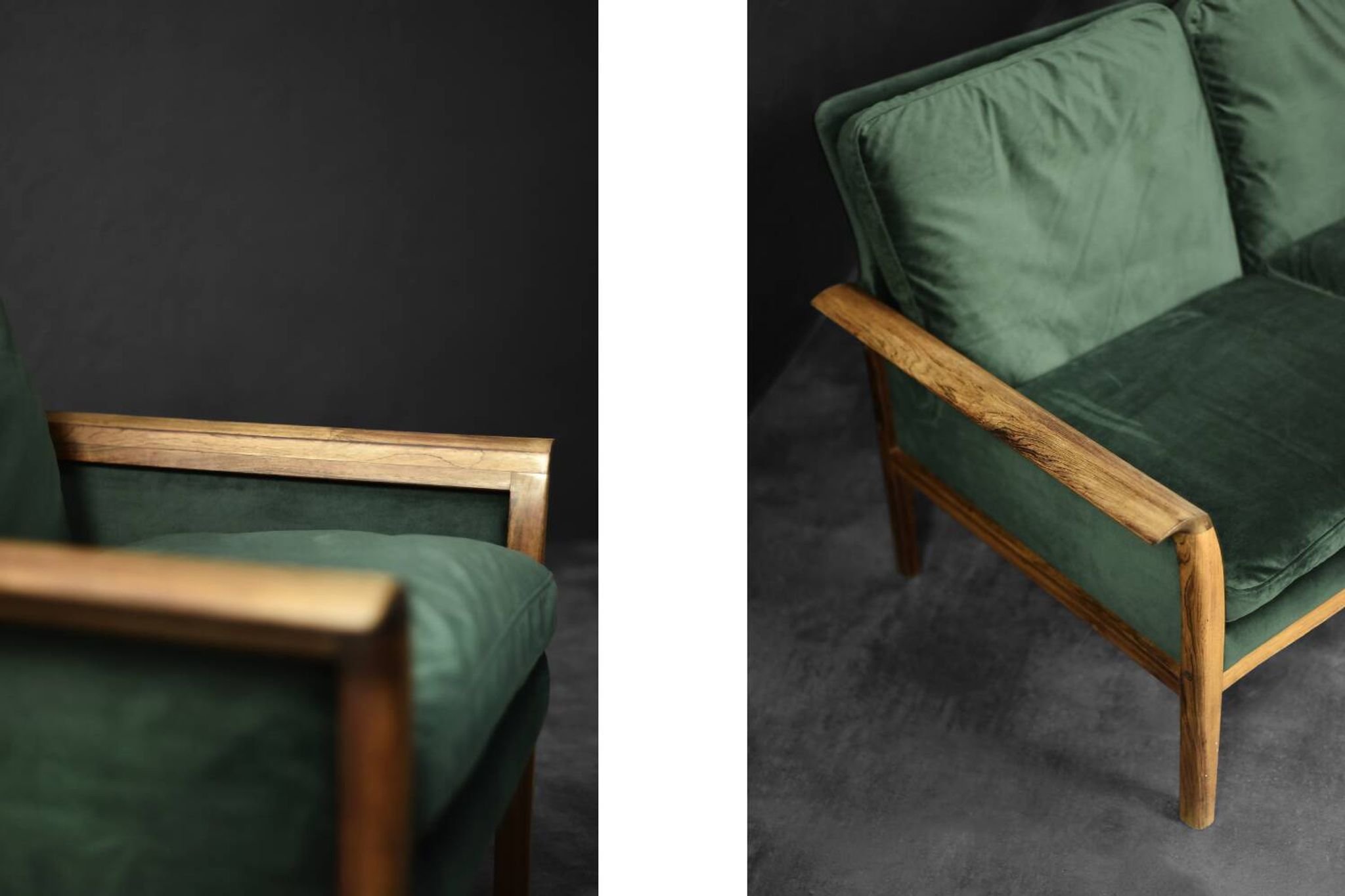 Vintage Mid-Century Modern Rosewood & Green Velour 3-Seater Sofa and Chair