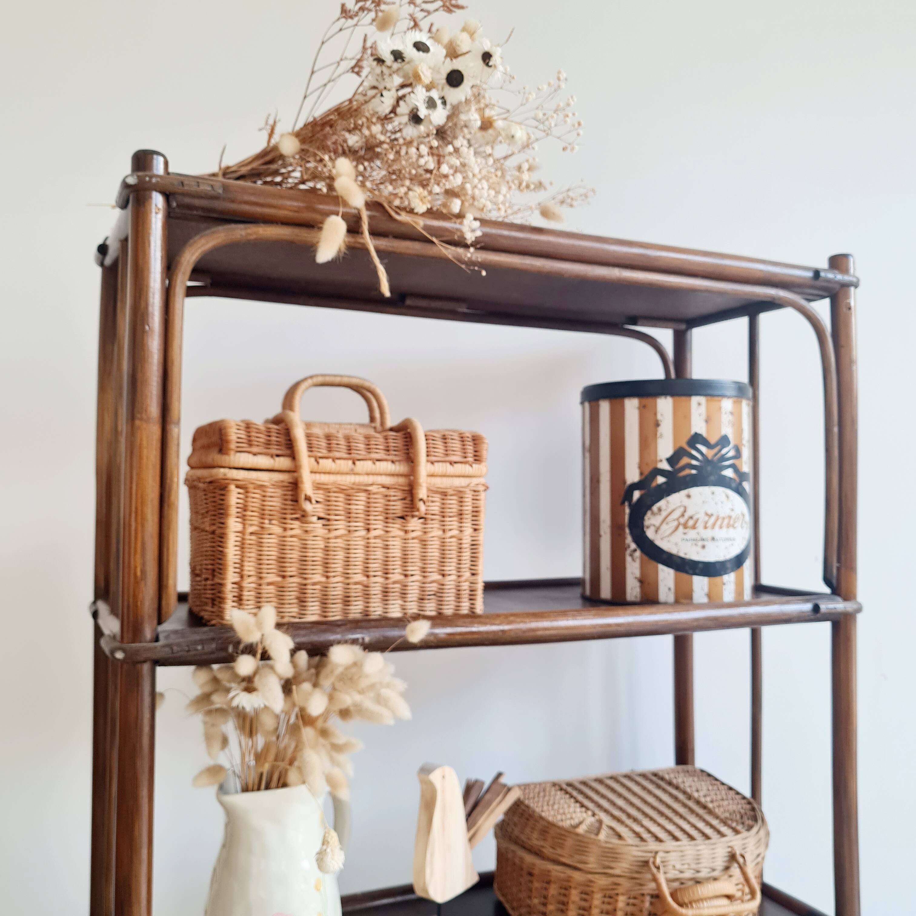 Etagère, bibliothèque en bois et rotin