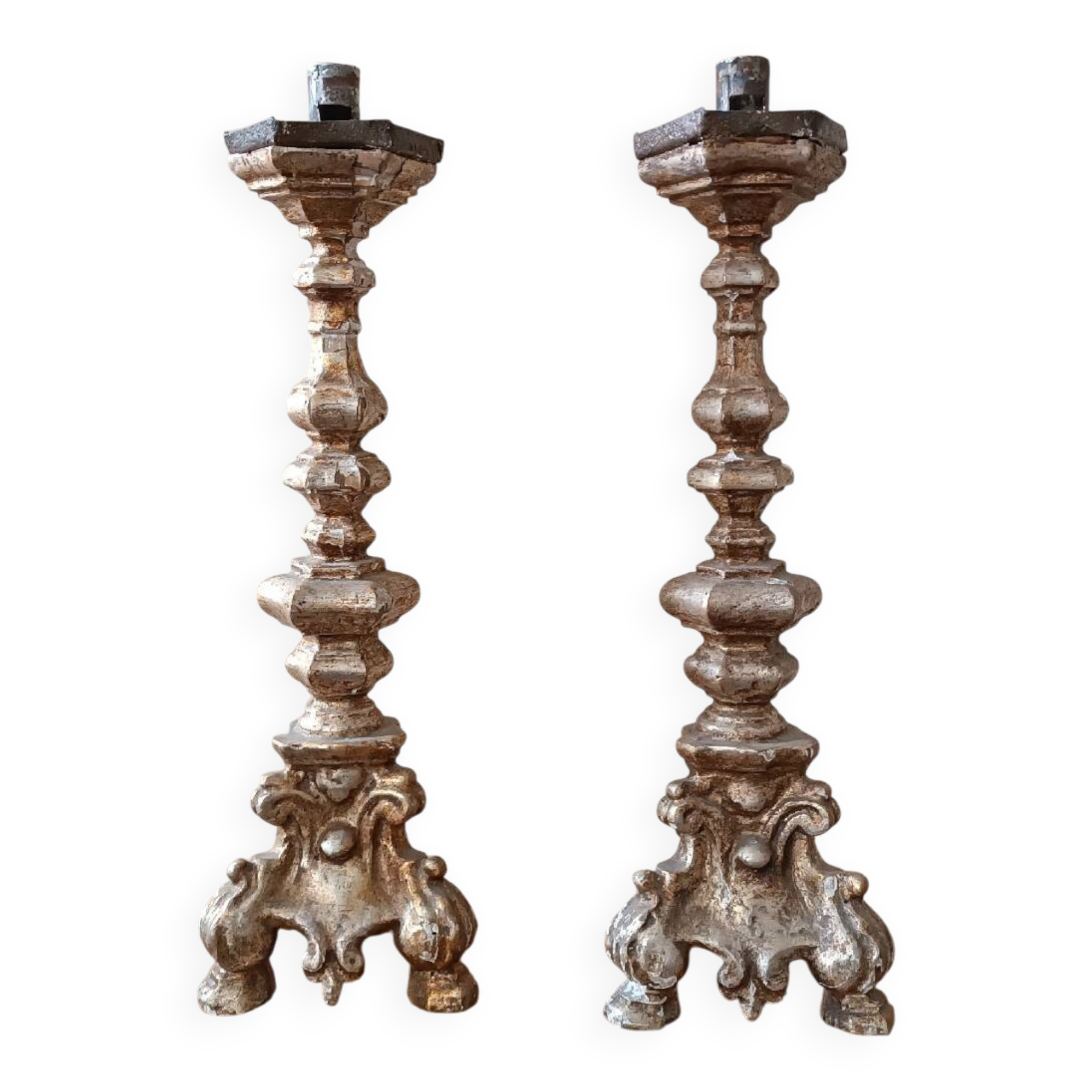 Pair of antique candlesticks from Italy, 18th century.
