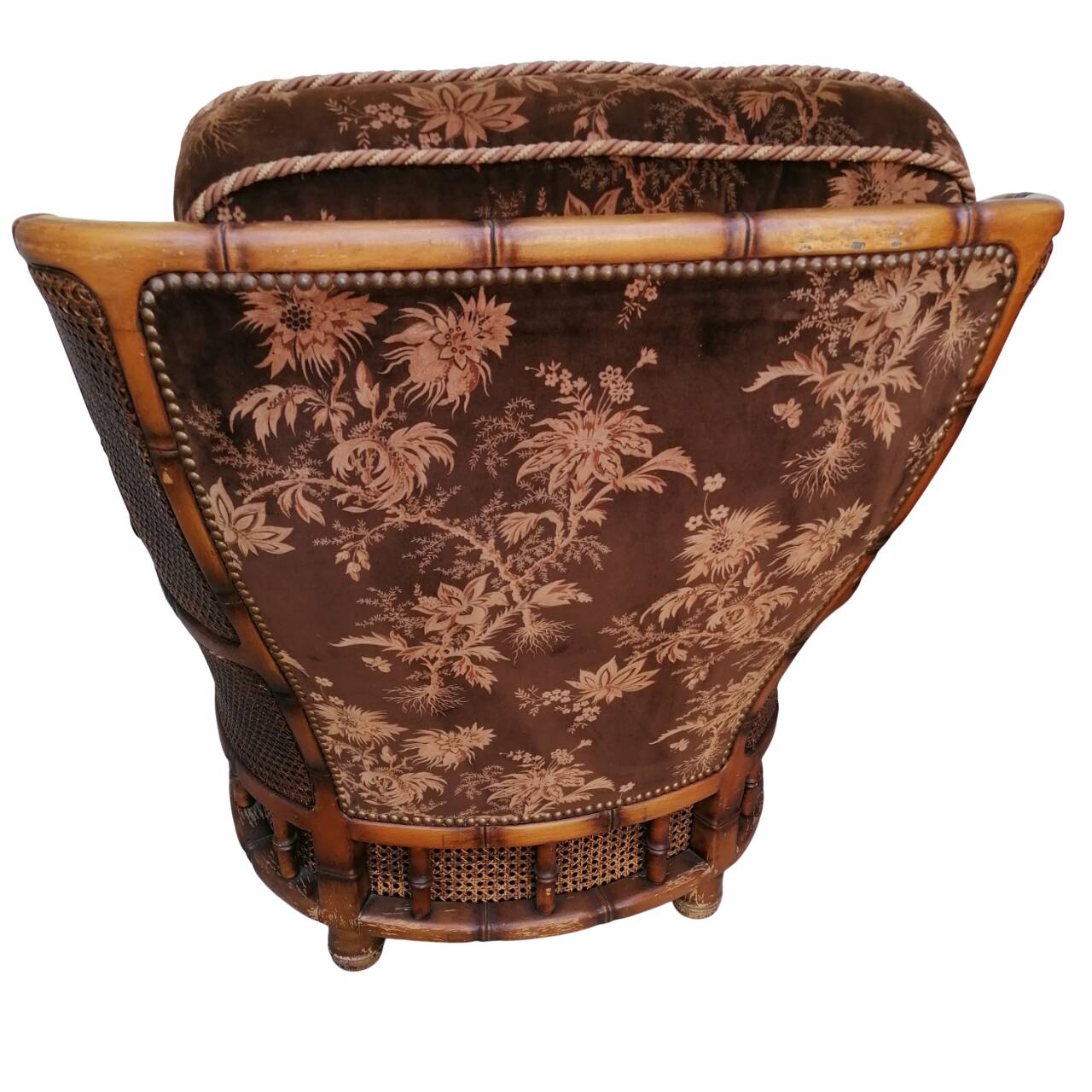 Poltrone bergère italiane in velluto e paglia di Vienna, anni '70, set di 2