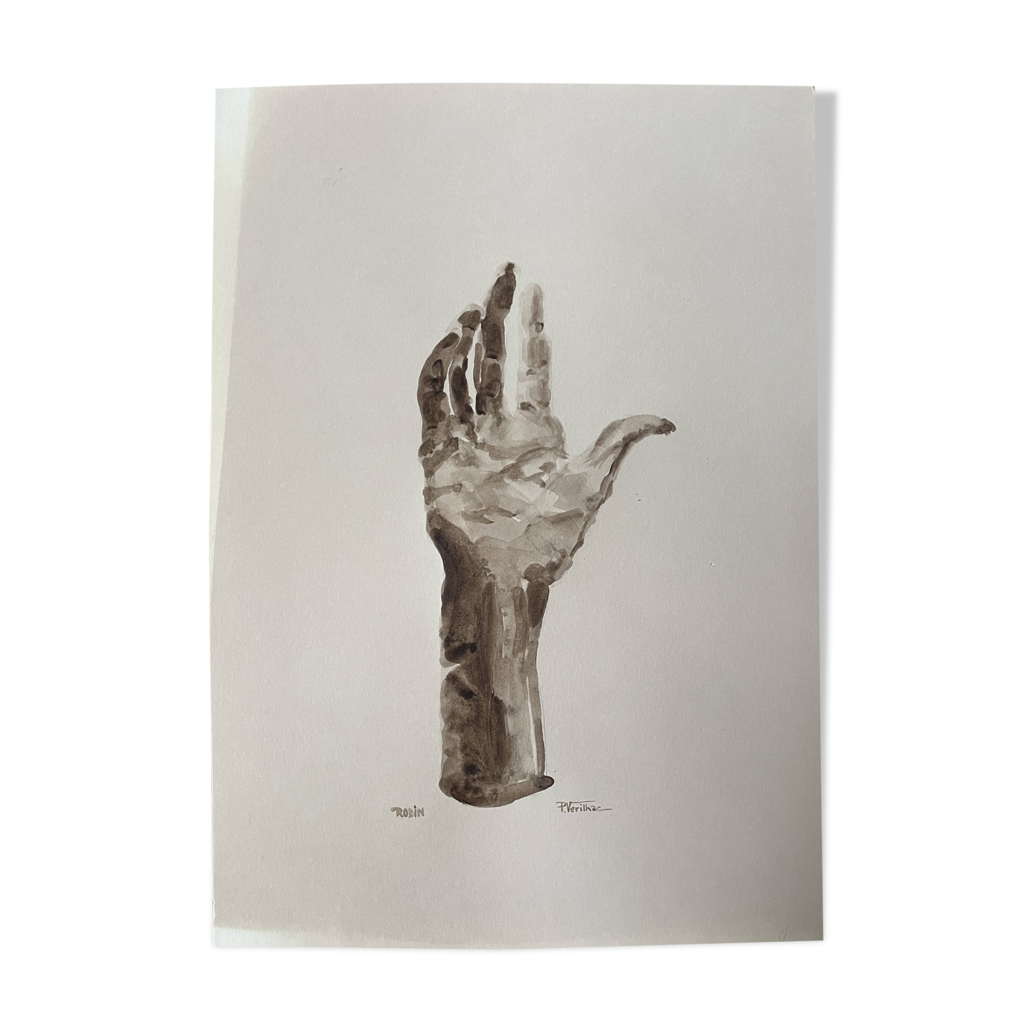 Painting signed watercolor monochrome sepia study statue “the hand reveals the man”