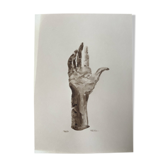 Painting signed watercolor monochrome sepia study statue “the hand reveals the man”