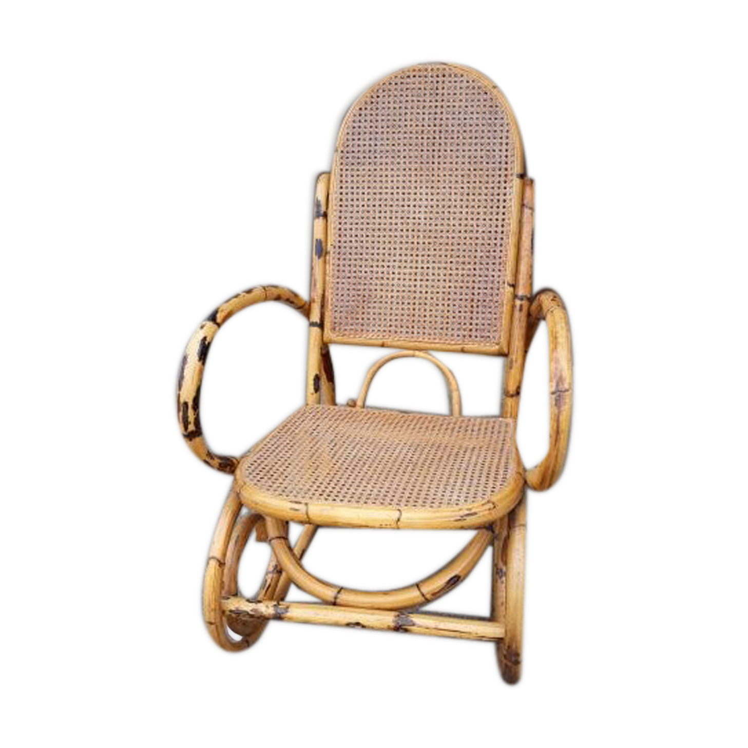 Rocking-chair en rotin et cannage vintage