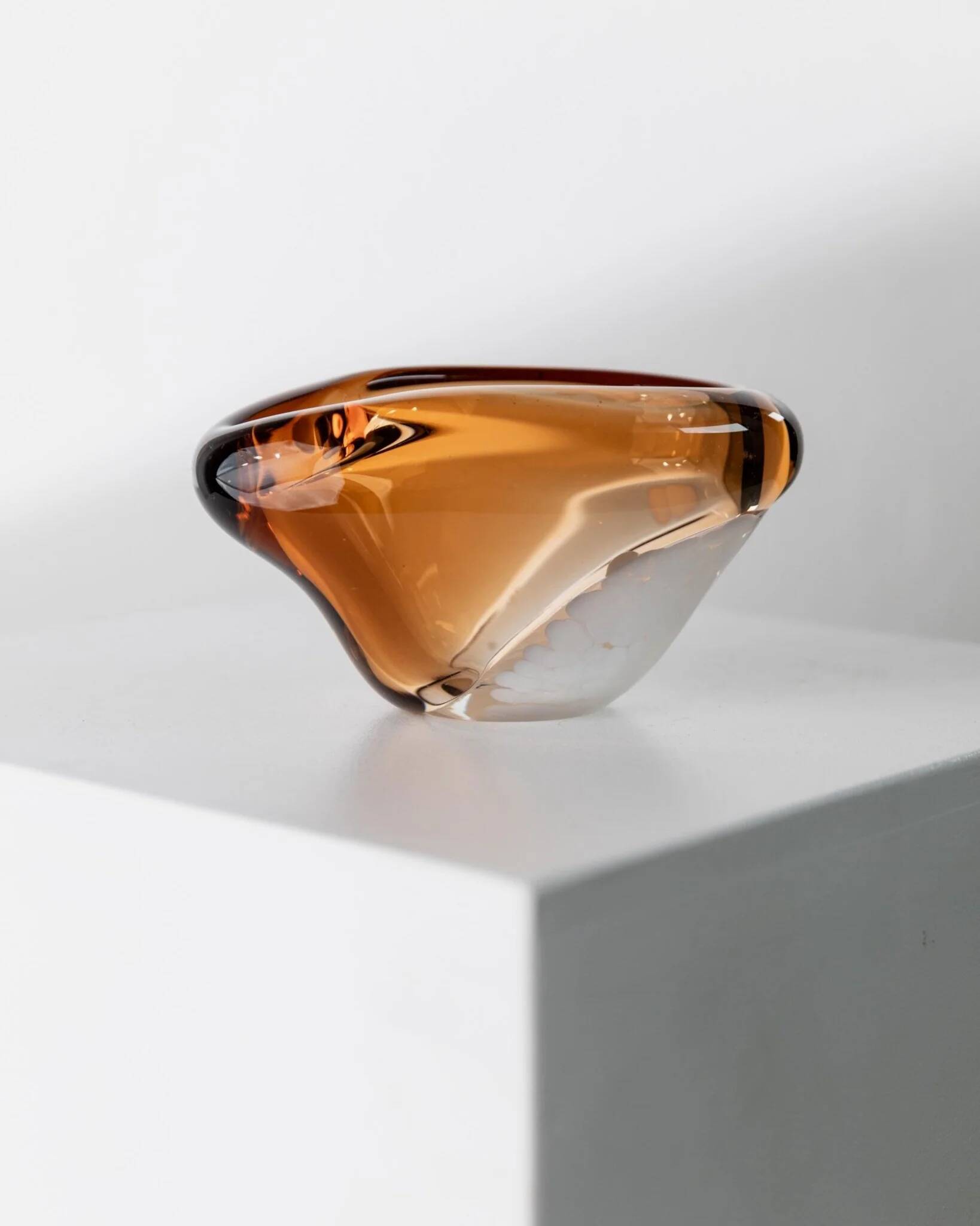 Vintage glass ashtray - Pavel Stejskal for Beranek Skrdlovice, Czech glass from the 1970s, orange with white spots.