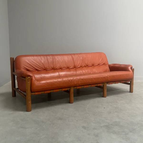 Brutalist, Brazilian style leather lounge sofa, 1960s