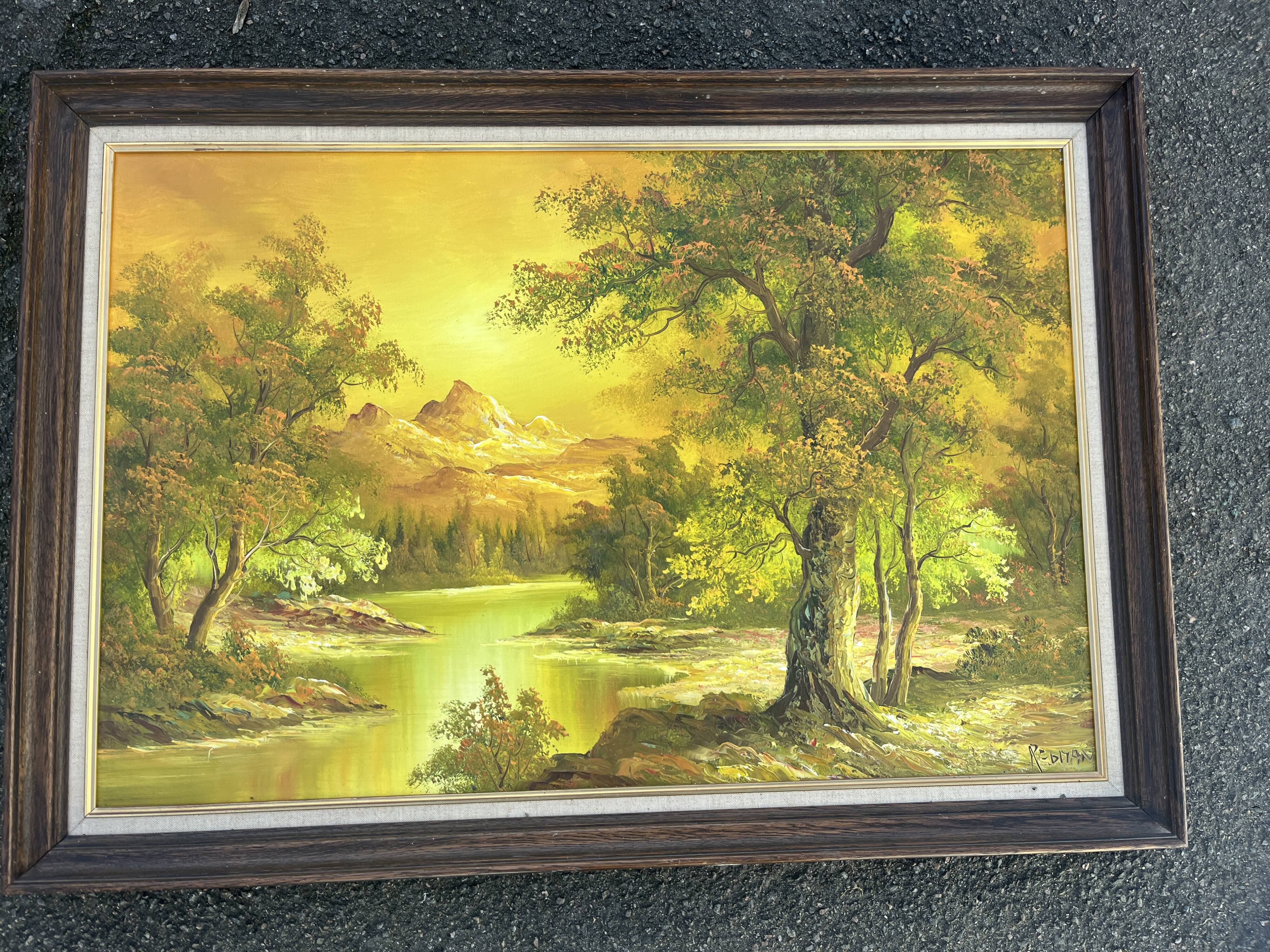 Large landscape painting - Mountain scene at dusk