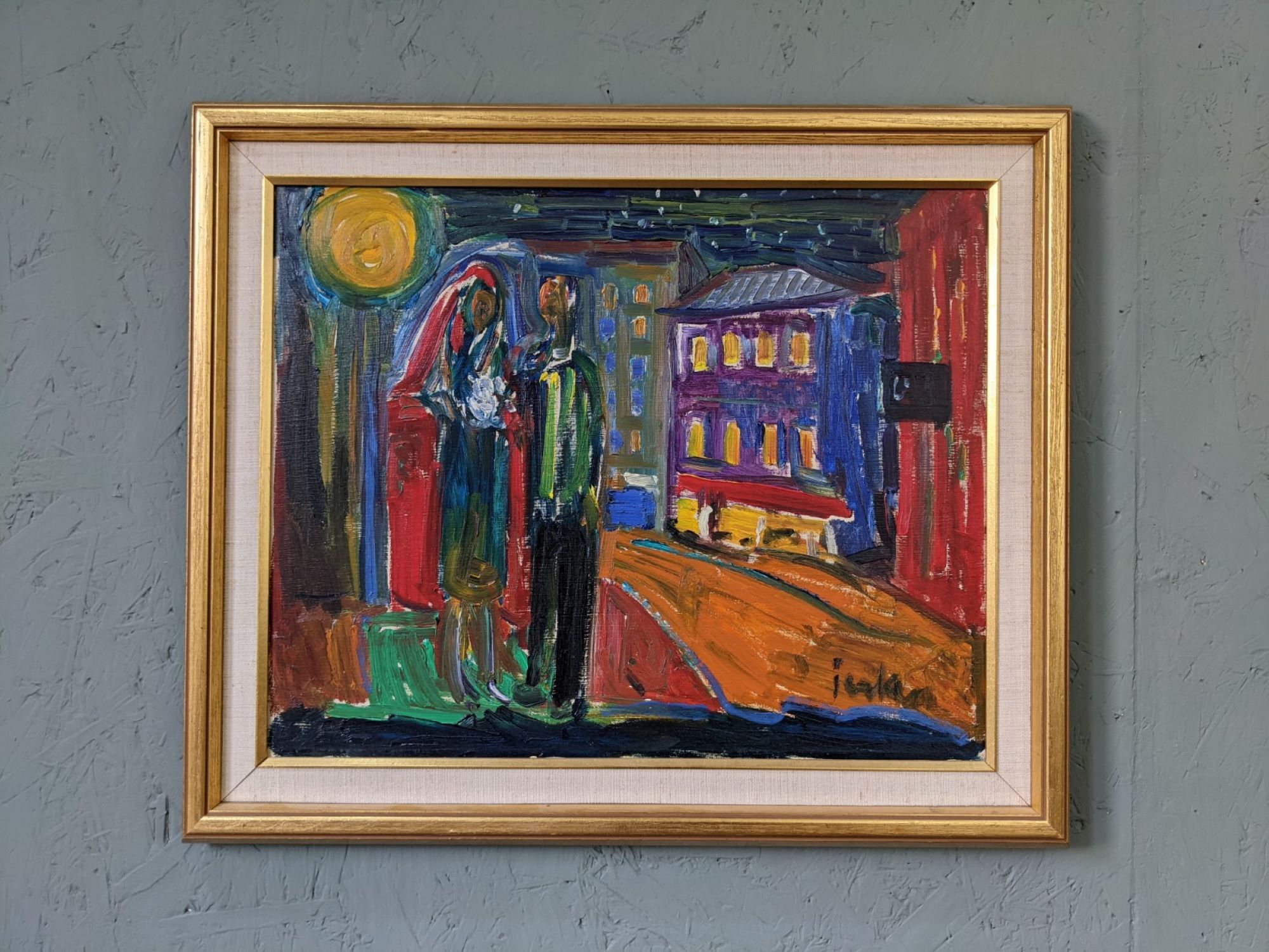 Mid-Century Modern Swedish "Just Married" Vintage Street Scene, Framed Oil Painting