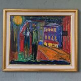 Mid-Century Modern Swedish "Just Married" Vintage Street Scene, Framed Oil Painting