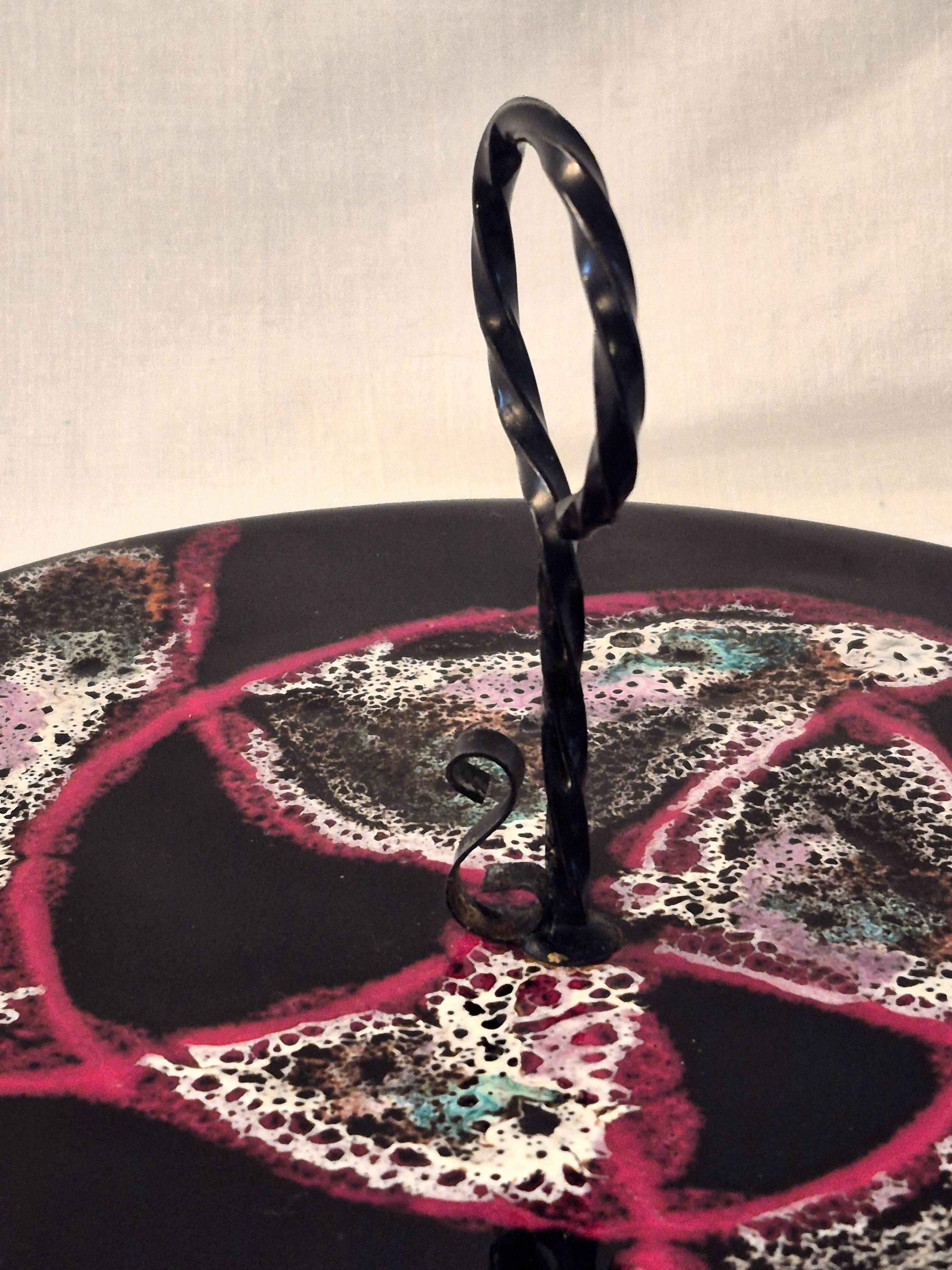 Cheese platter Vallauris glazed ceramic black red A035