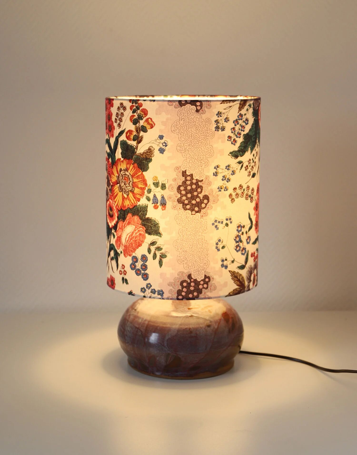 Recycled vintage lamp — handmade plum ceramic and antique floral lampshade