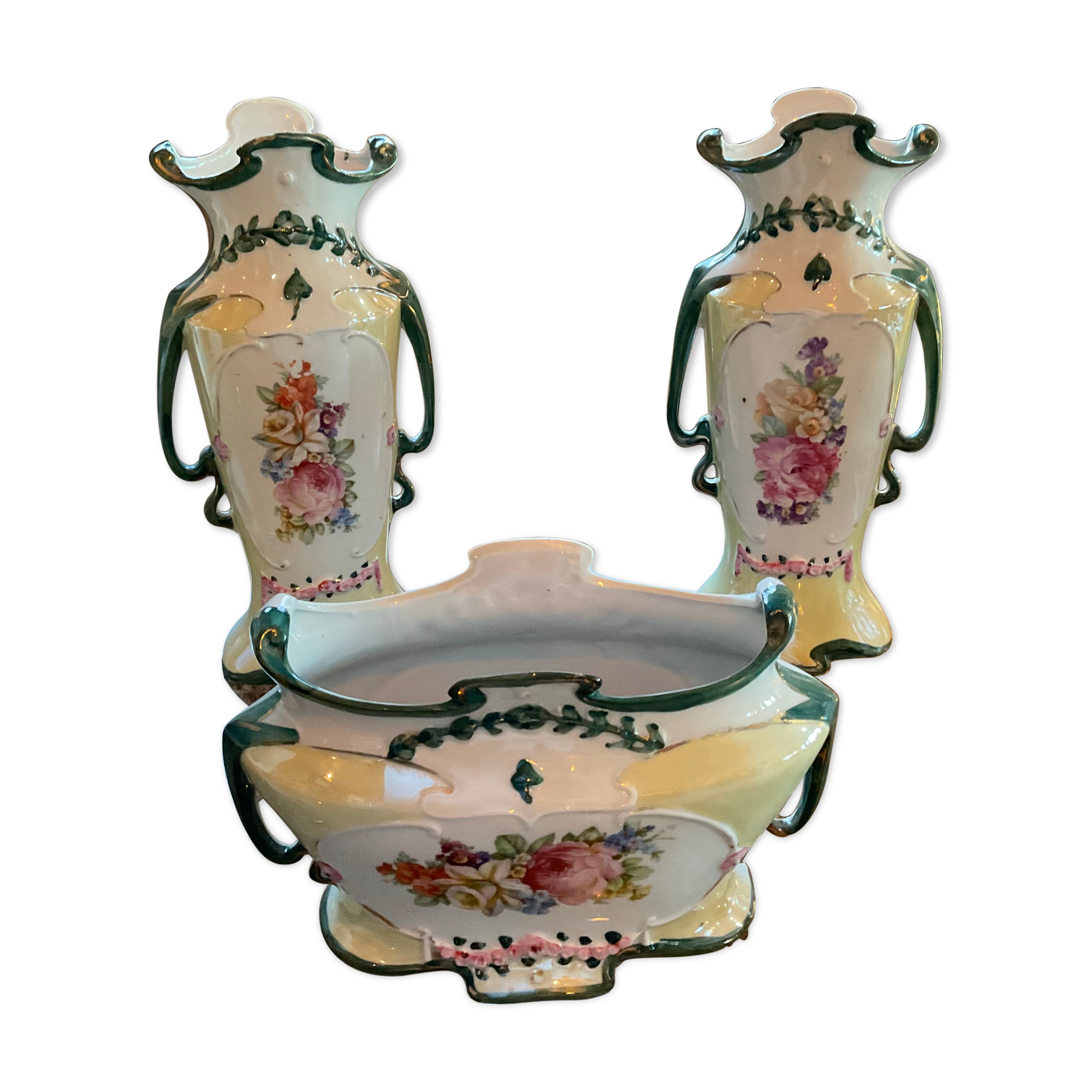 Planter and 2 vases in earthenware decorations flowers