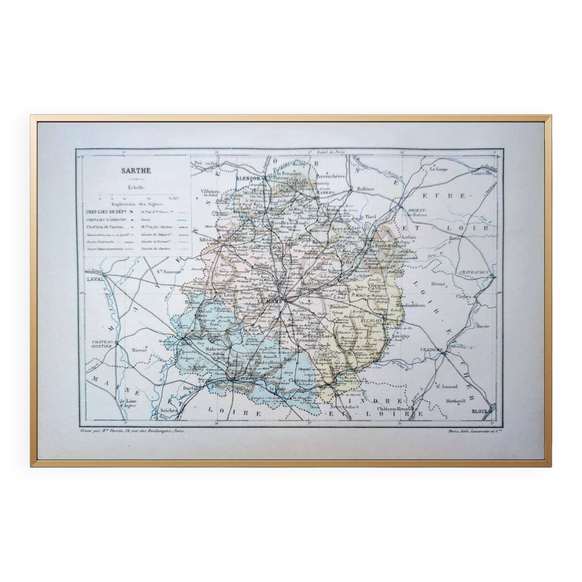 Printed in 1889, map of Sarthe. Authentic Vintage