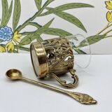 Solid brass teacup and spoon with Art Nouveau flower decor