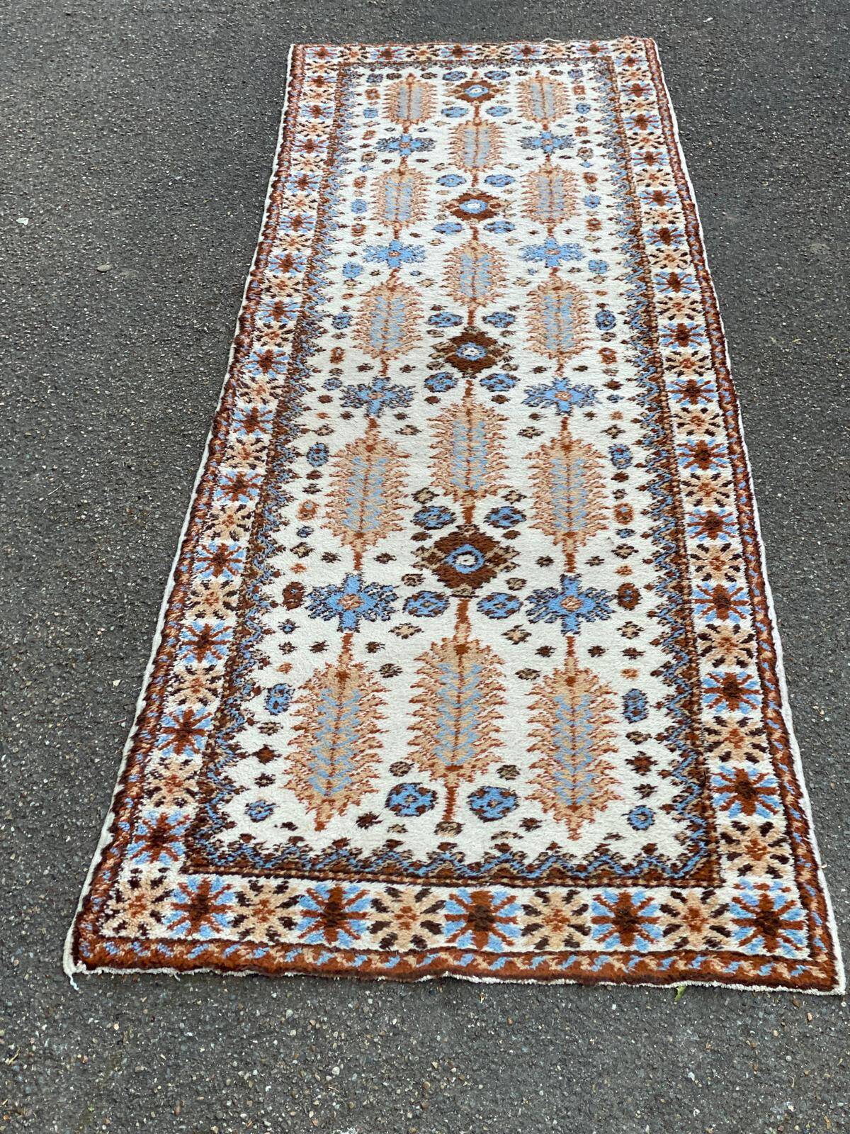 Long Persian rug in knotted wool, burgundy blue, flowers, handmade 300x90