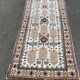 Long Persian rug in knotted wool, burgundy blue, flowers, handmade 300x90