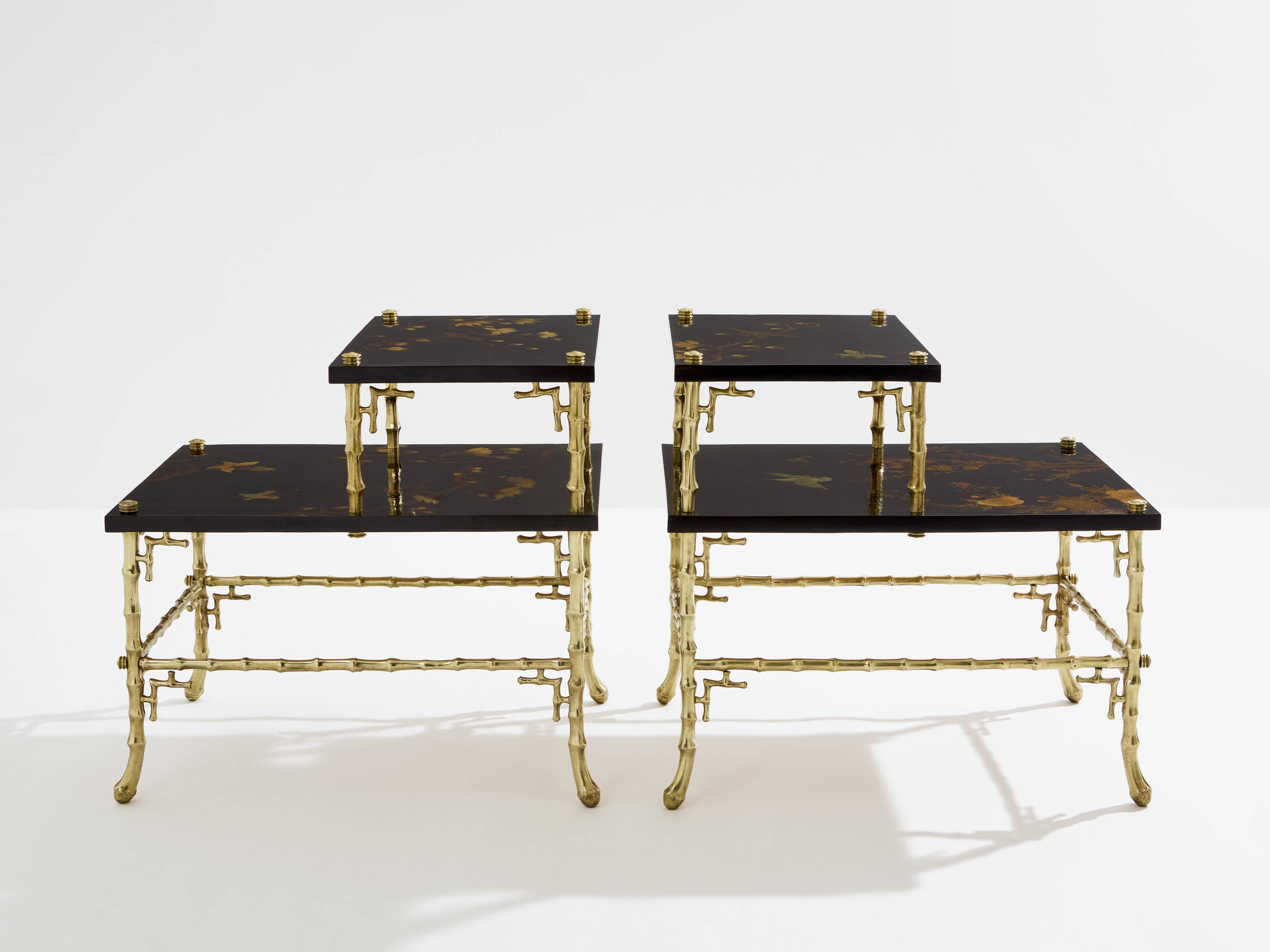 Bamboo bronze lacquered Chinese side tables Maison Baguès 1940