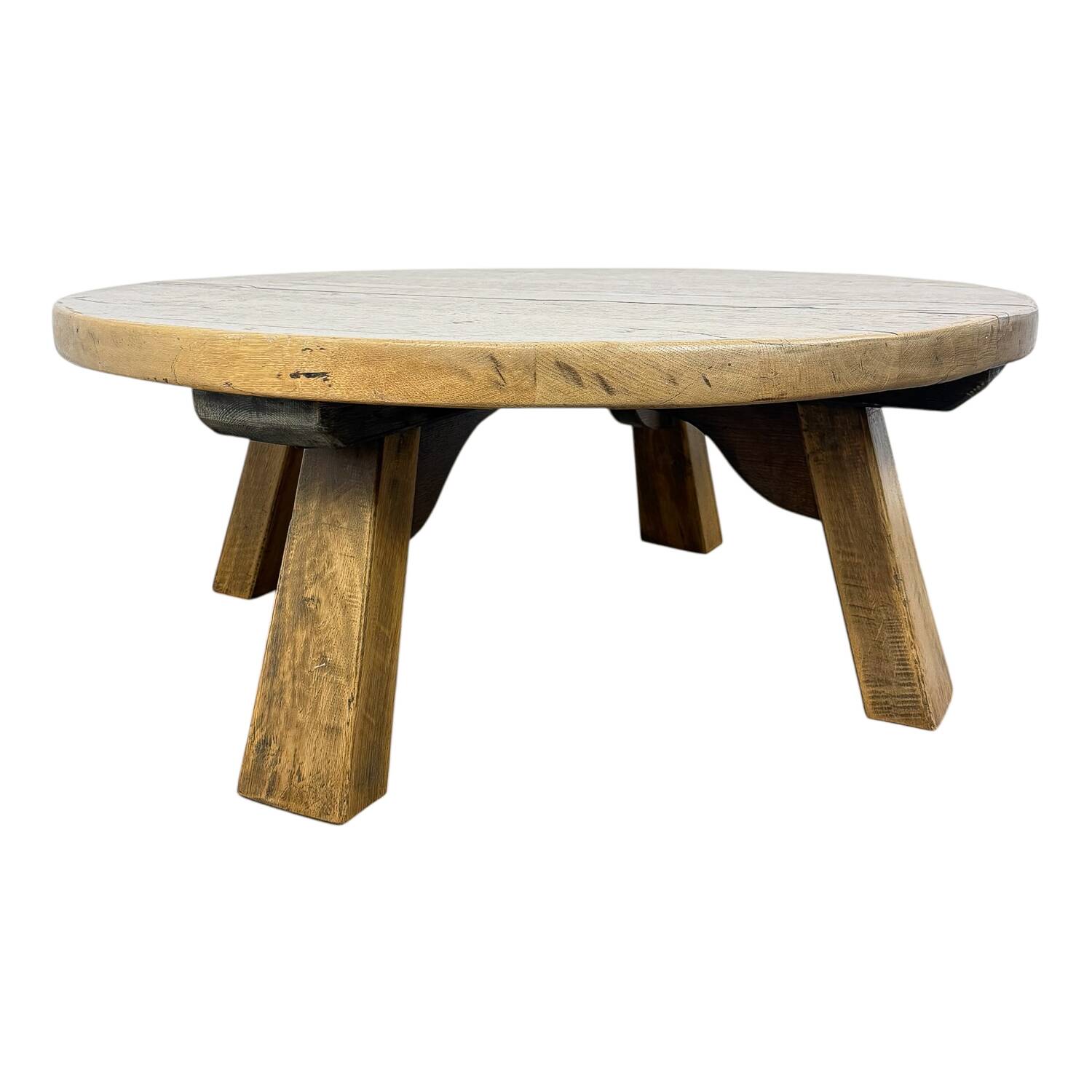 Rustic Solid Oak Coffee Table – Round Brutalist Style – Vintage European De