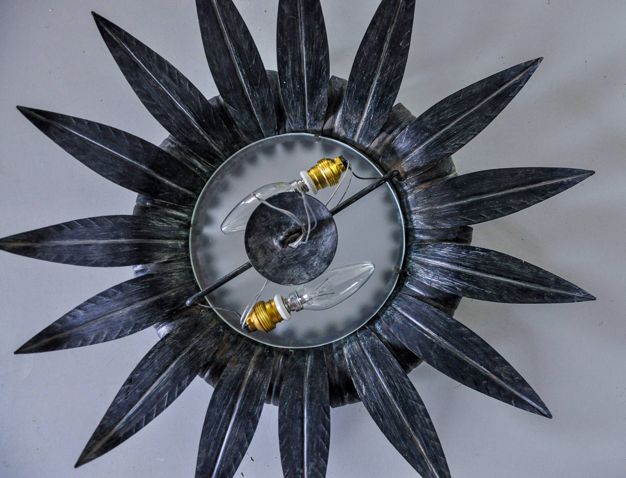 Sun wall lamp by ferro arte XL, metal and silver leaf, Spain, 1960