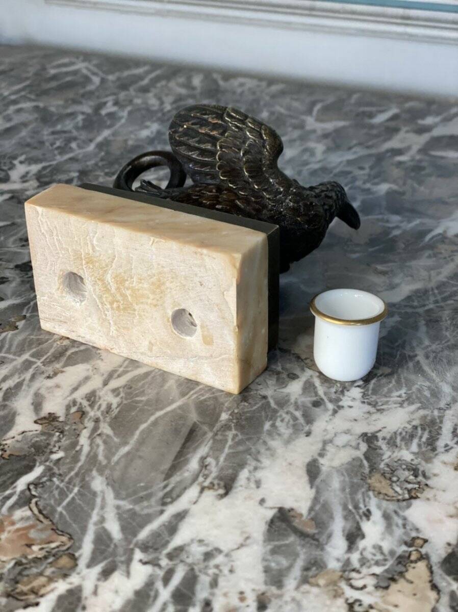 Eagle and serpent, bronze inkwell on a marble base.
