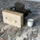 Eagle and serpent, bronze inkwell on a marble base.